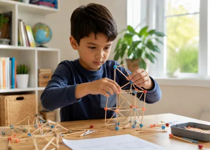 A child building a tall structure from cardboard tubes.