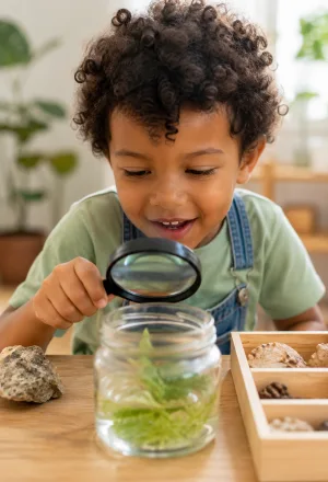 A child examining a jar of leaves through a magnifying glass beside a tray of shells and pine cones.
