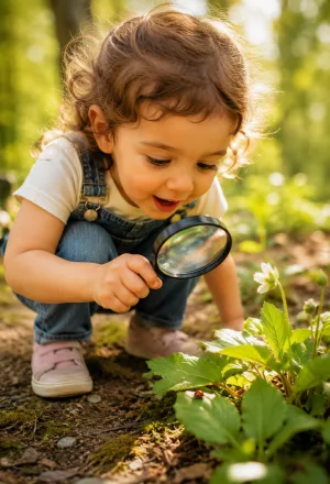 A child crouching in a wood, watching a ladybird through a magnifying glass.