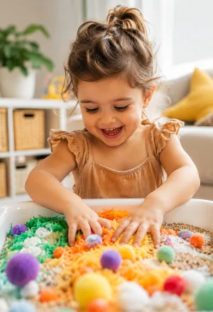 A child running their hands through a tray of shredded paper and pom-poms.