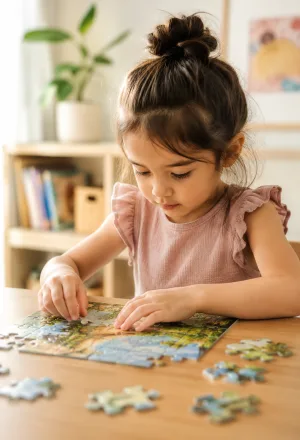 A child concentrating on a jigsaw puzzle at a table.
