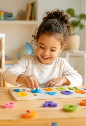 A child fitting coloured numbers into a wooden puzzle board.