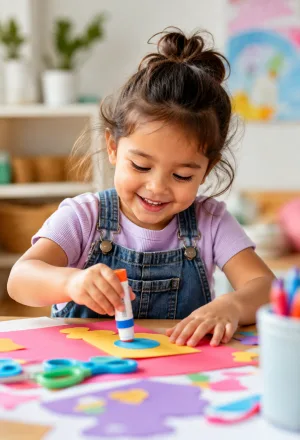 A child gluing paper shapes onto a collage.