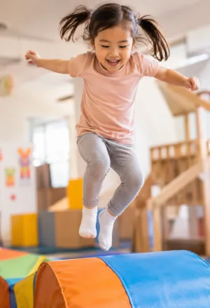 A child mid-jump over a soft play roll.