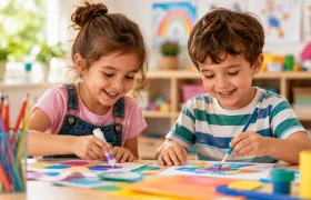 Two children making collages with glue, paint and coloured paper.
