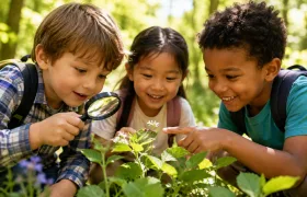 Three children in woodland examining a plant through a magnifying glass.