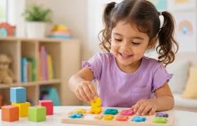 A child fitting letters into a wooden puzzle board beside coloured blocks.