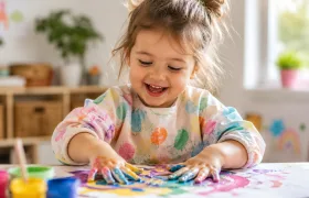 A young child finger-painting, hands covered in bright paint.