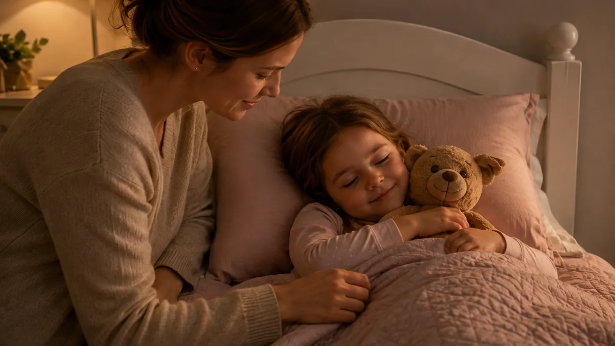 A dim bedroom with a lamp, a blanket and a well-loved teddy bear.