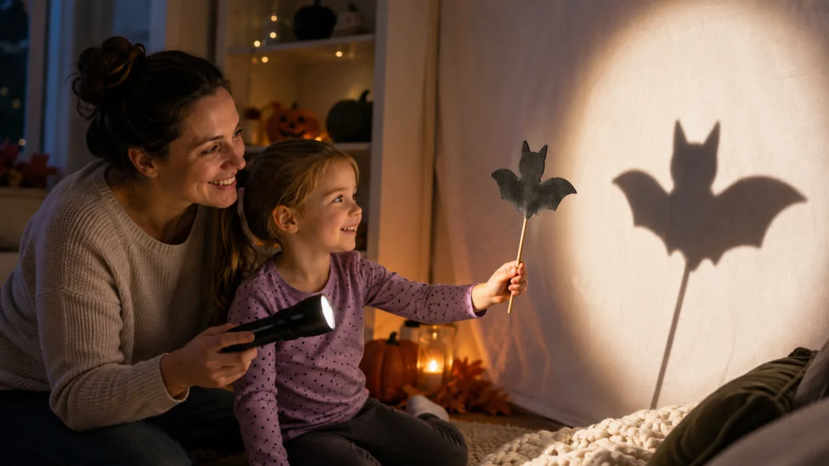 Black card bat and cat puppets on straws casting large shadows on a wall.