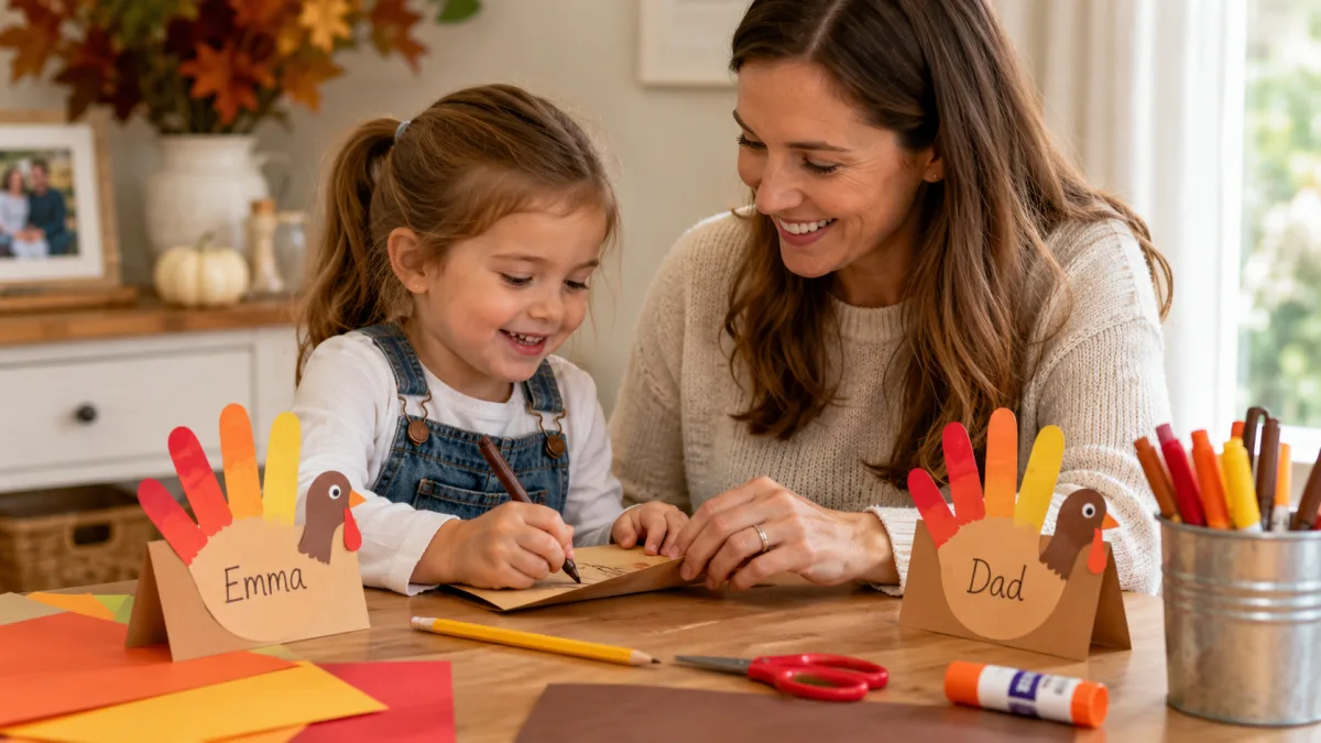 Handprint turkey place cards standing on a table with names written on them.