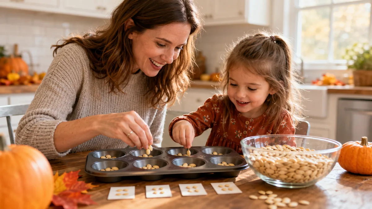 Dried pumpkin seeds being counted into a numbered muffin tin.