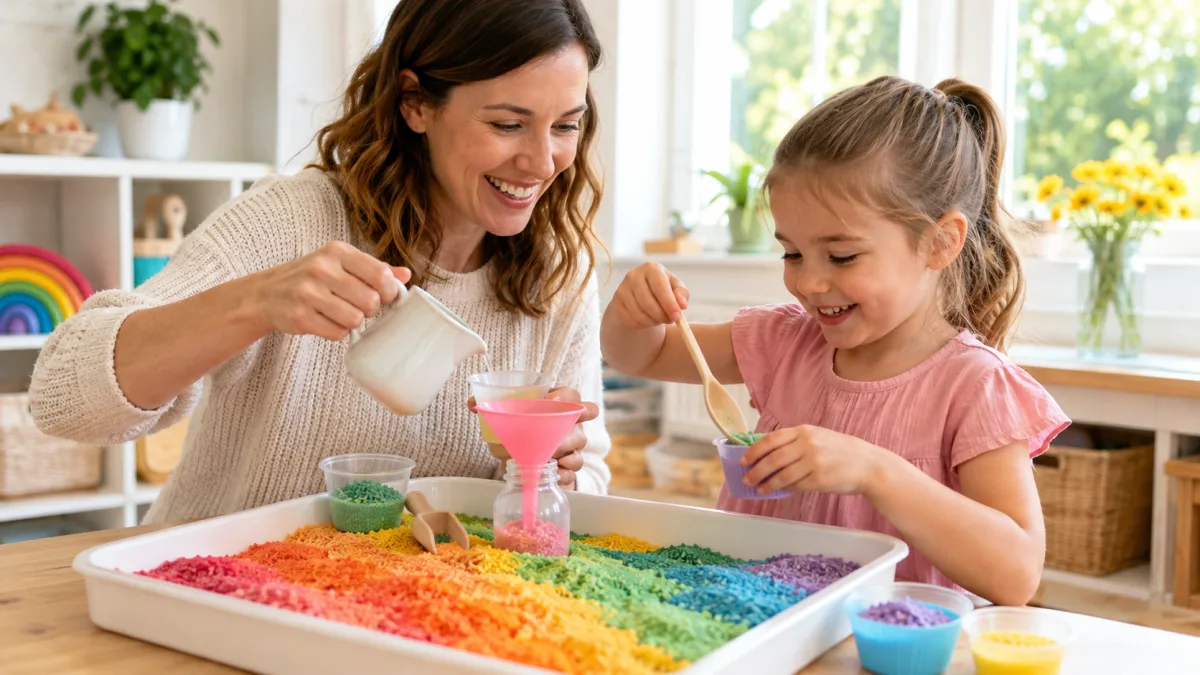 A shallow tray of rainbow-coloured rice with cups and a wooden spoon.