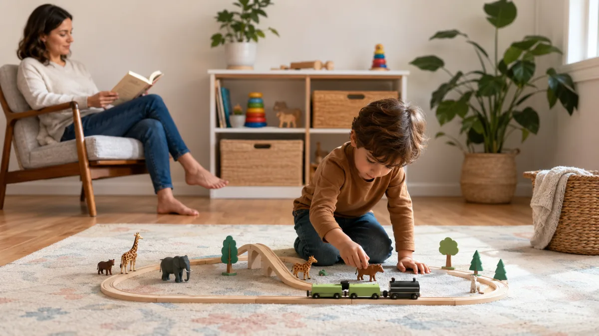 A child absorbed in playing with blocks while an adult reads nearby.