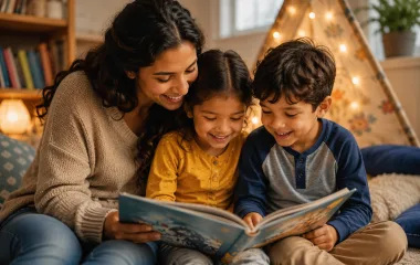 A grown-up reading a picture book with two children by a lit play tent.