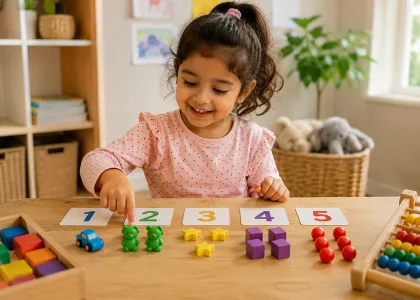 Counting bears sorted into numbered cups.