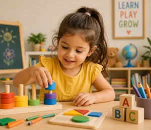 A child stacking coloured rings beside shape puzzles and alphabet blocks.