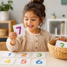 A child pulling number cards from a basket and laying them in order.