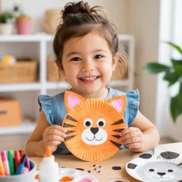 A child holding up a finished paper-plate tiger.