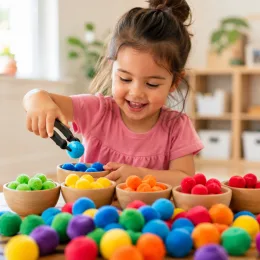 A child sorting coloured pom-poms into bowls with tongs.