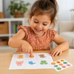 A child pressing animal stickers onto a matching grid.