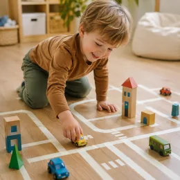 A child driving a toy car along masking-tape roads on the floor.