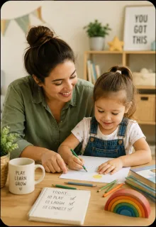 A grown-up drawing alongside a child at a kitchen table.
