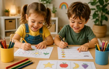 Two children working through tracing and colouring worksheets with pencils.