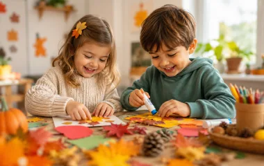 Two children gluing autumn leaves onto card at a table strewn with leaves and pine cones.