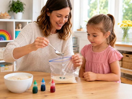 Step 2 of Rainbow Rice Sensory Tray