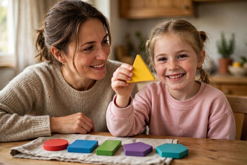 Mum and young daughter sorting colourful wooden 2D shapes together at a bright kitchen table