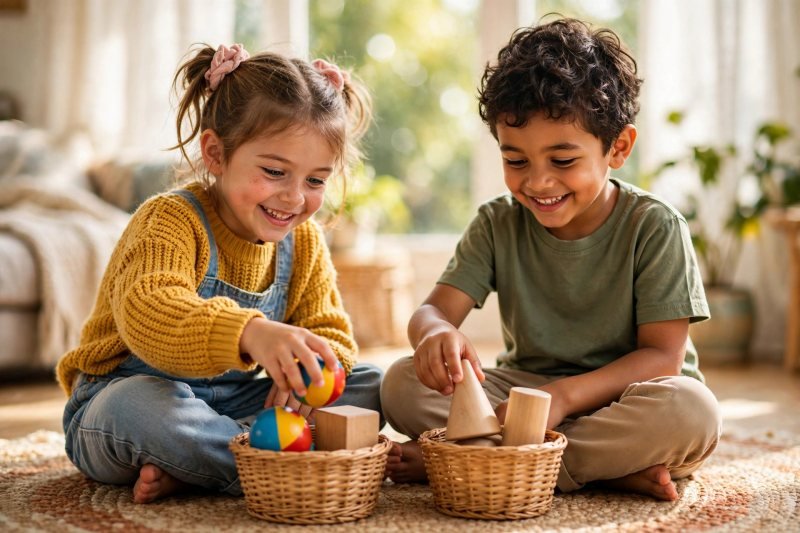 Two kids sorting 3D shape blocks with a ball and cone on a sunny rug