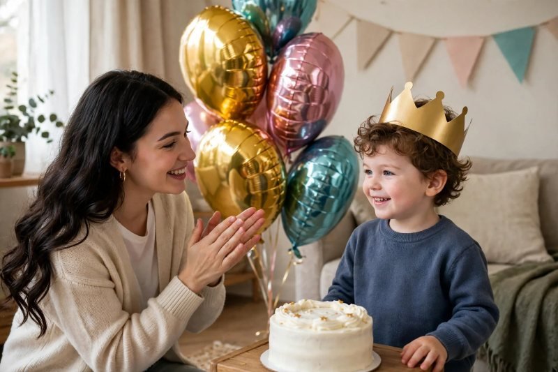 Boy in gold crown beside plain cake under metallic foil balloons.