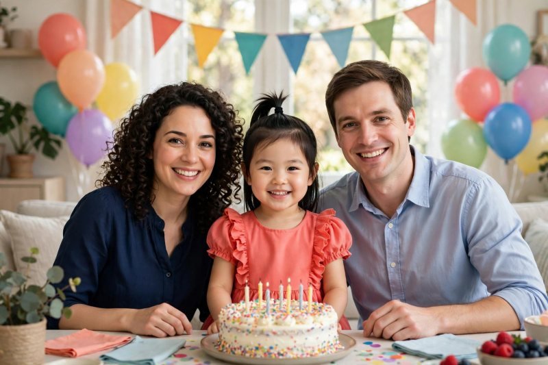 A smiling four-year-old girl in a party dress beside balloons and bunting.