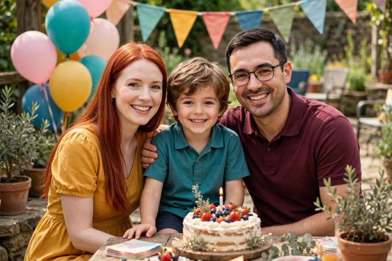 A smiling five-year-old boy in a party shirt beside garden balloons.