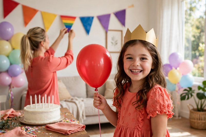 A crowned birthday girl holds a balloon while her mother hangs rainbow bunting.