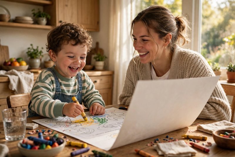Hero: a happy 3-year-old colouring a big-letter alphabet worksheet with chunky crayons at a sunny kitchen table while mum sits beside them.