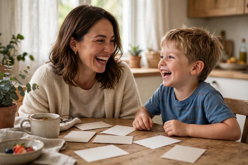 Mother and five-year-old son laughing over face-down blank word cards at a sunny kitchen table