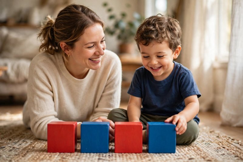 Parent and preschooler building a red-and-blue block pattern together on the rug