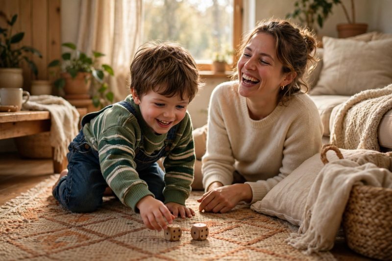 Smiling five-year-old rolling dice in a fun addition game for kindergarten