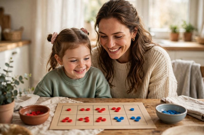 Mother and daughter doing ten frame addition with red and blue counters at a kitchen table