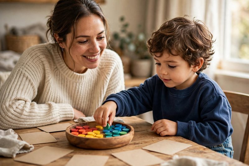 Parent and five-year-old sorting colorful counters at a bright table for addition word problems