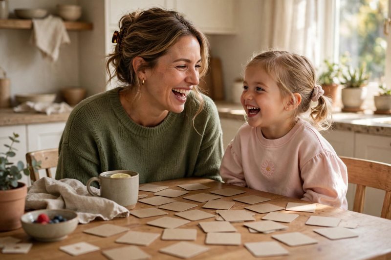 Mother and young daughter laughing over face-down an family words cards at a sunny table.