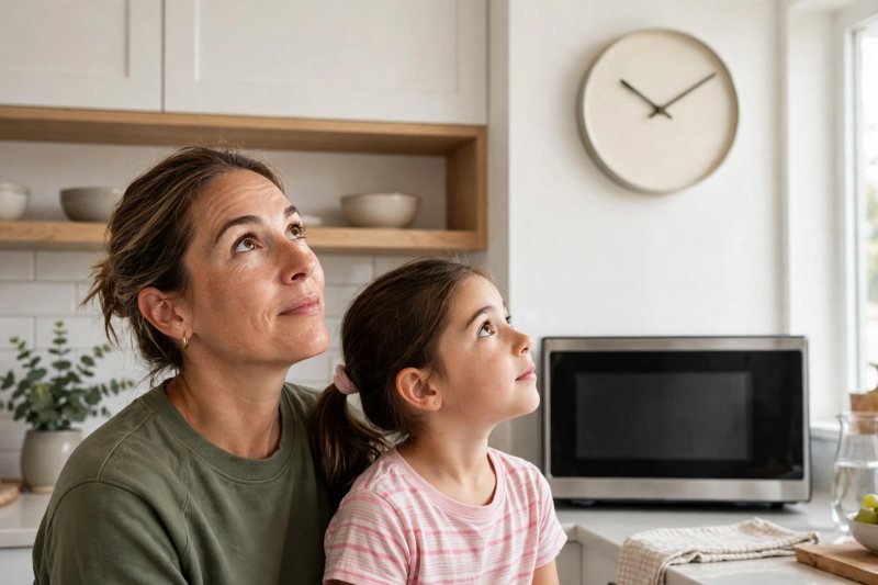 Mother and six-year-old daughter comparing a wall clock and microwave display in a bright kitchen