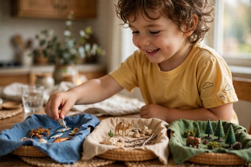 Smiling child sorting toy animals into ocean, desert, and forest habitat trays
