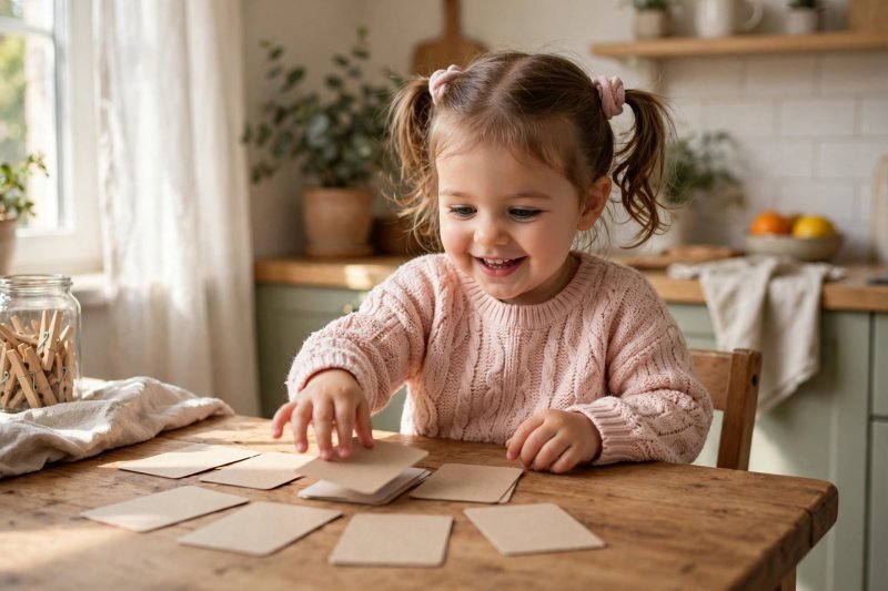 Happy preschooler playing an animal homes matching game with face-down cards