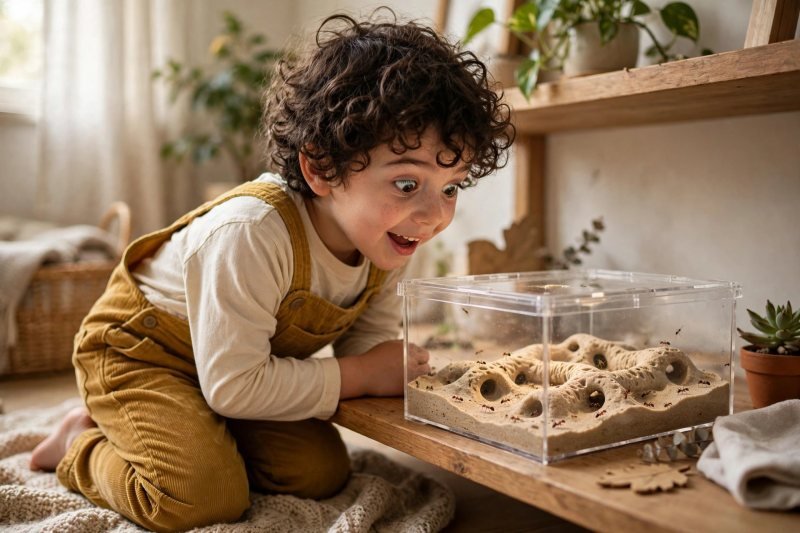 Smiling child aged five watching an ant farm with winding tunnels on a sunny shelf