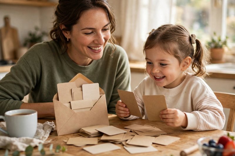 Mother and four-year-old daughter playing a word family slider game at a sunny kitchen table.