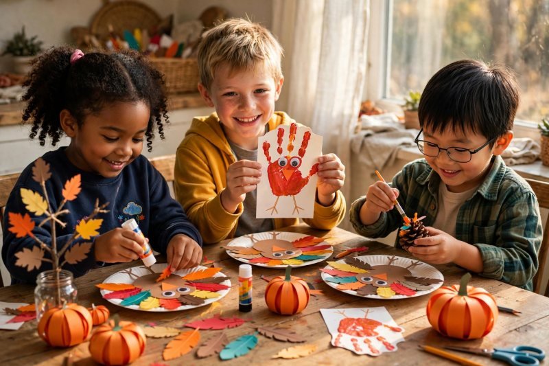 Thanksgiving crafts for kids: handmade turkey decorations in fall colors on a festive table
