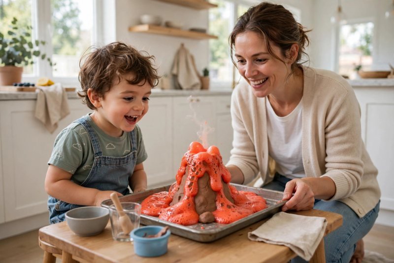 A delighted 3-year-old watching a small playdough volcano fizz with red baking soda and vinegar lava on a tray, with a parent kneeling beside them in a bright kitchen
